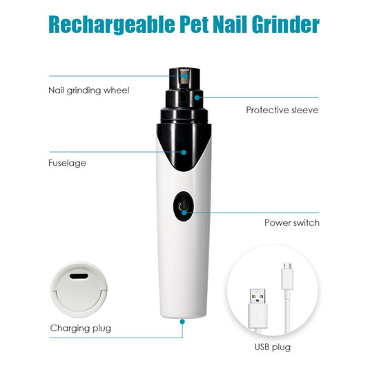 USB Rechargeable Pet Nail Trimmer - Low Noise, Painless Grinder for Pets