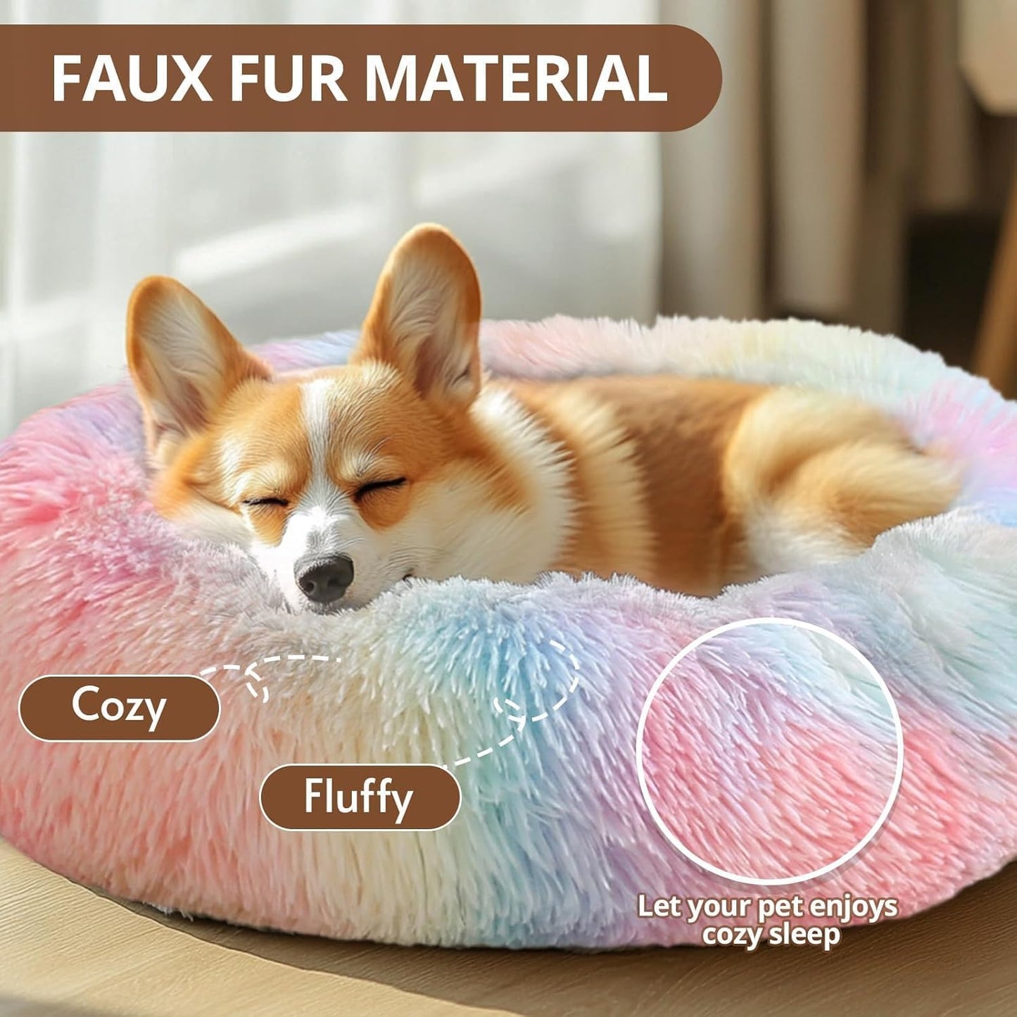 Round Donut Cozy Bed for Puppy & Cats, Machine Washable