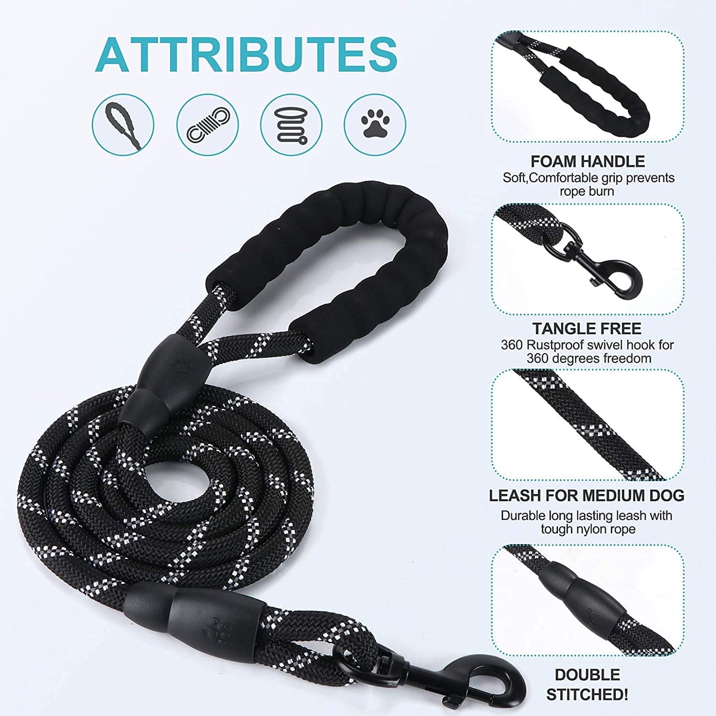 Thick Reflective Heavy Duty Leash with Anti-Slip Padded Handle (5 feet)