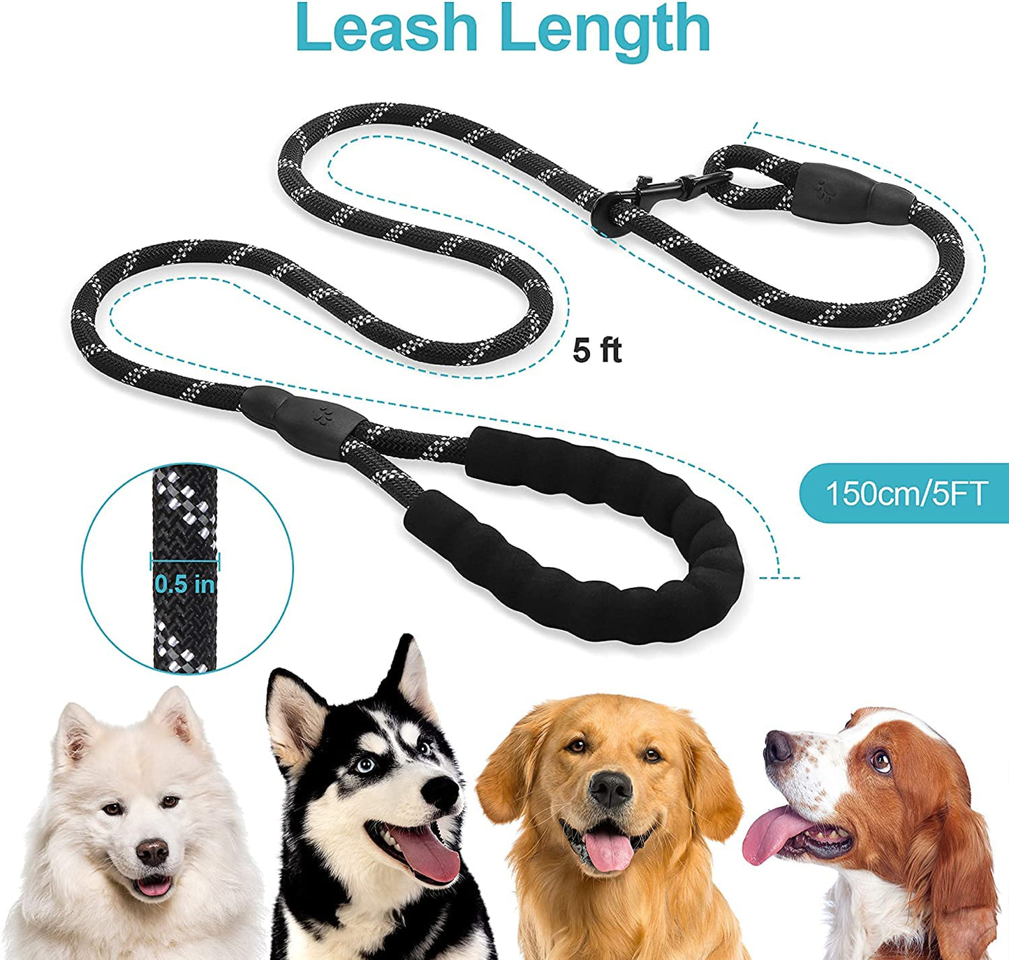 Thick Reflective Heavy Duty Leash with Anti-Slip Padded Handle (5 feet)