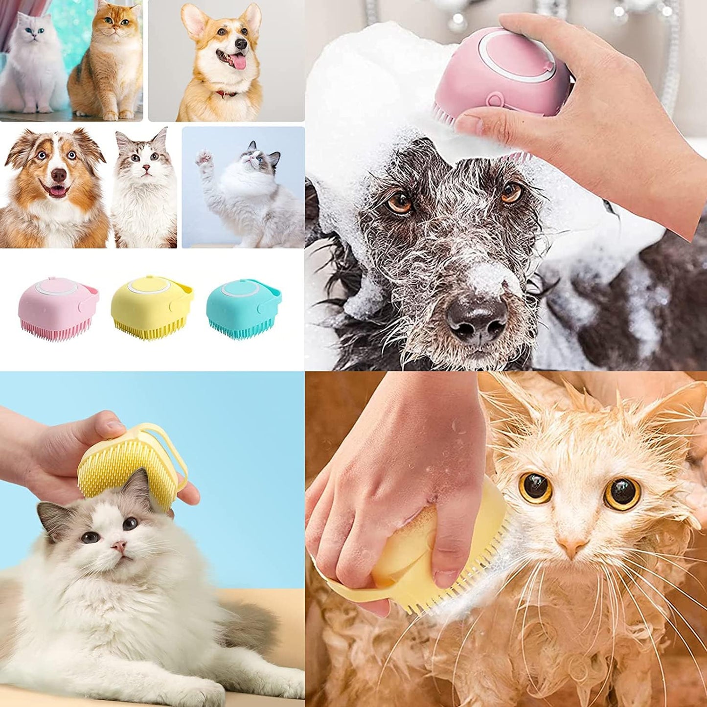4‑in‑1 Pet Grooming Set – Self‑Cleaning Slicker Brush + Shampoo Dispenser Brush + Bath Scrubber + Nail Clippers