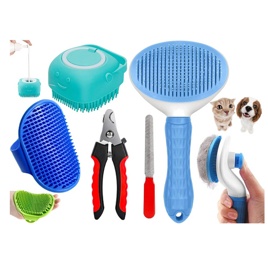 4‑in‑1 Pet Grooming Set – Self‑Cleaning Slicker Brush + Shampoo Dispenser Brush + Bath Scrubber + Nail Clippers