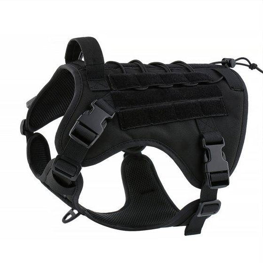 Black tactical dog harness on a white background