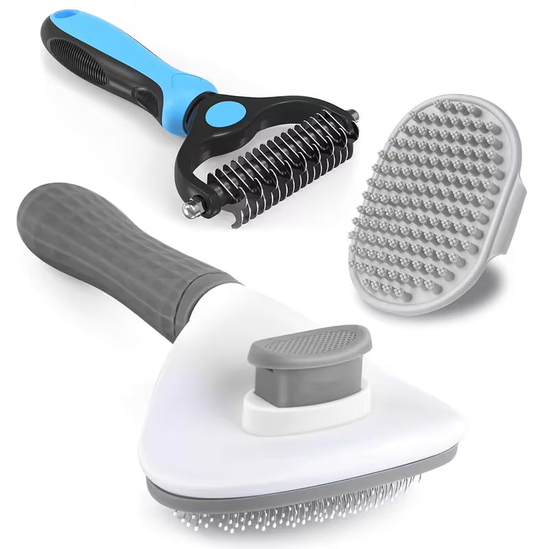Pet Grooming & Deshedding Kit – 3-Piece Combo for Dogs & Cats | Dematting Rake, Slicker Brush & Massage Brush