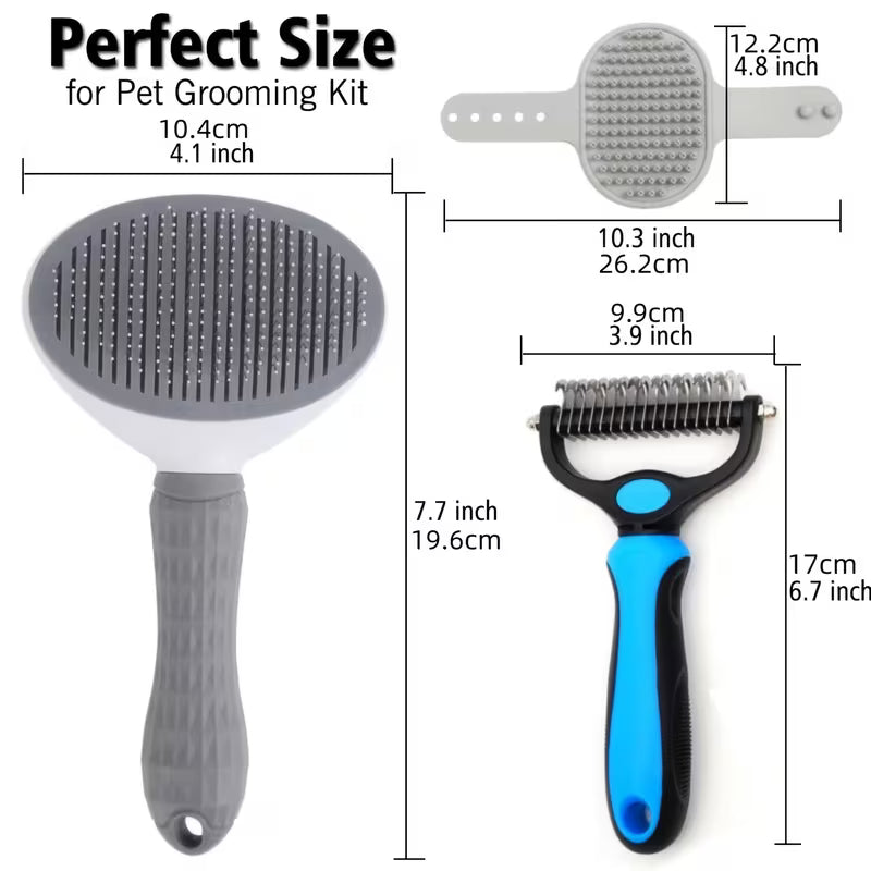 Pet Grooming & Deshedding Kit – 3-Piece Combo for Dogs & Cats | Dematting Rake, Slicker Brush & Massage Brush