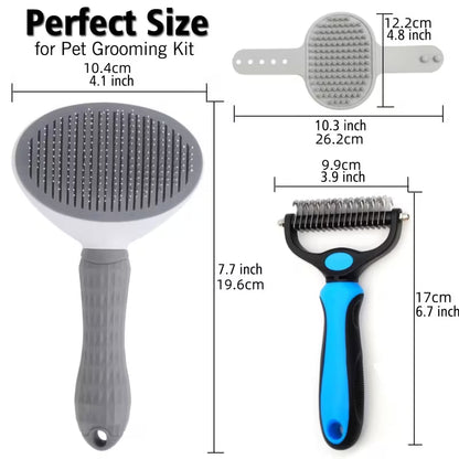 Pet Grooming & Deshedding Kit – 3-Piece Combo for Dogs & Cats | Dematting Rake, Slicker Brush & Massage Brush
