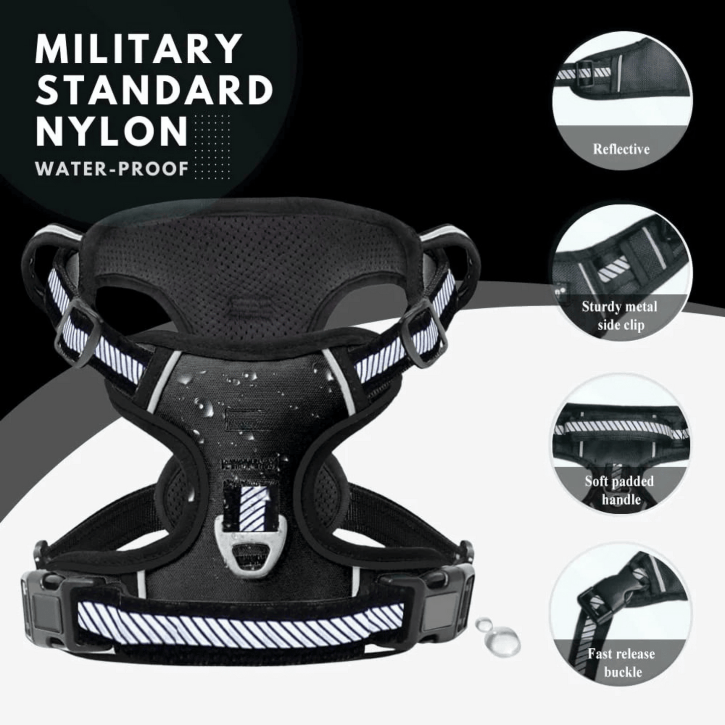 Reflective No Pull Dog Harnesses with Handle & Adjustable (Black)