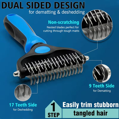 Pet Grooming & Deshedding Kit – 3-Piece Combo for Dogs & Cats | Dematting Rake, Slicker Brush & Massage Brush