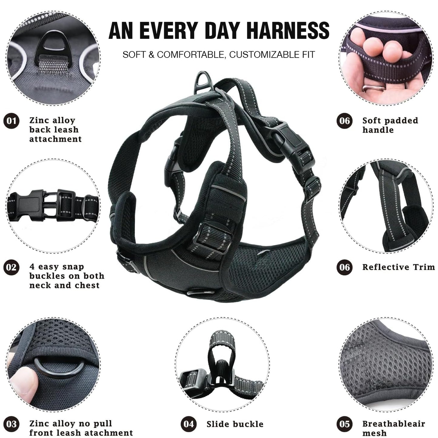 Premium Dog Vest Harness, No-Pull Dog Harness with Leash (Black)