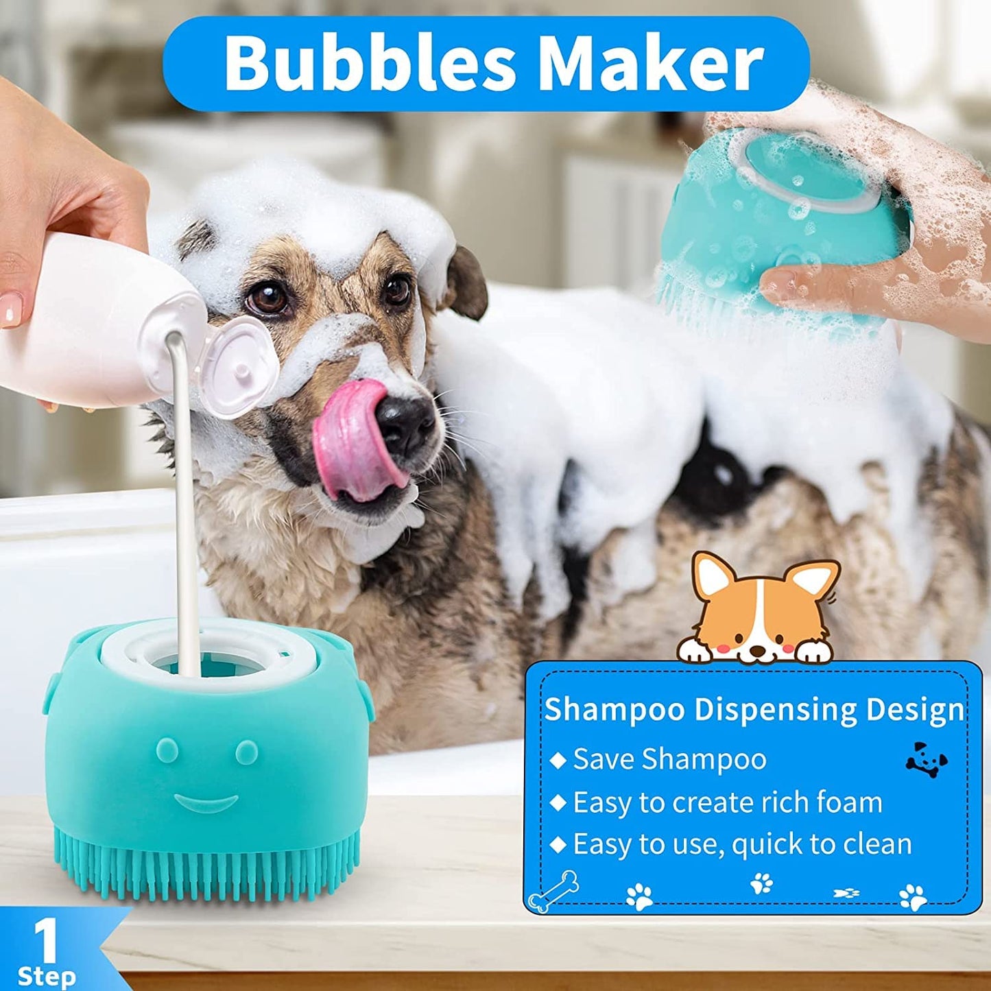 4‑in‑1 Pet Grooming Set – Self‑Cleaning Slicker Brush + Shampoo Dispenser Brush + Bath Scrubber + Nail Clippers
