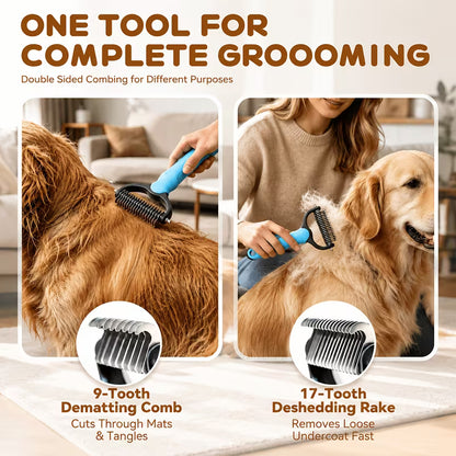 Pet Grooming & Deshedding Kit – 3-Piece Combo for Dogs & Cats | Dematting Rake, Slicker Brush & Massage Brush