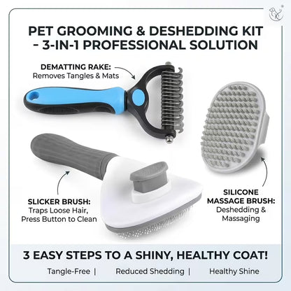 Pet Grooming & Deshedding Kit – 3-Piece Combo for Dogs & Cats | Dematting Rake, Slicker Brush & Massage Brush