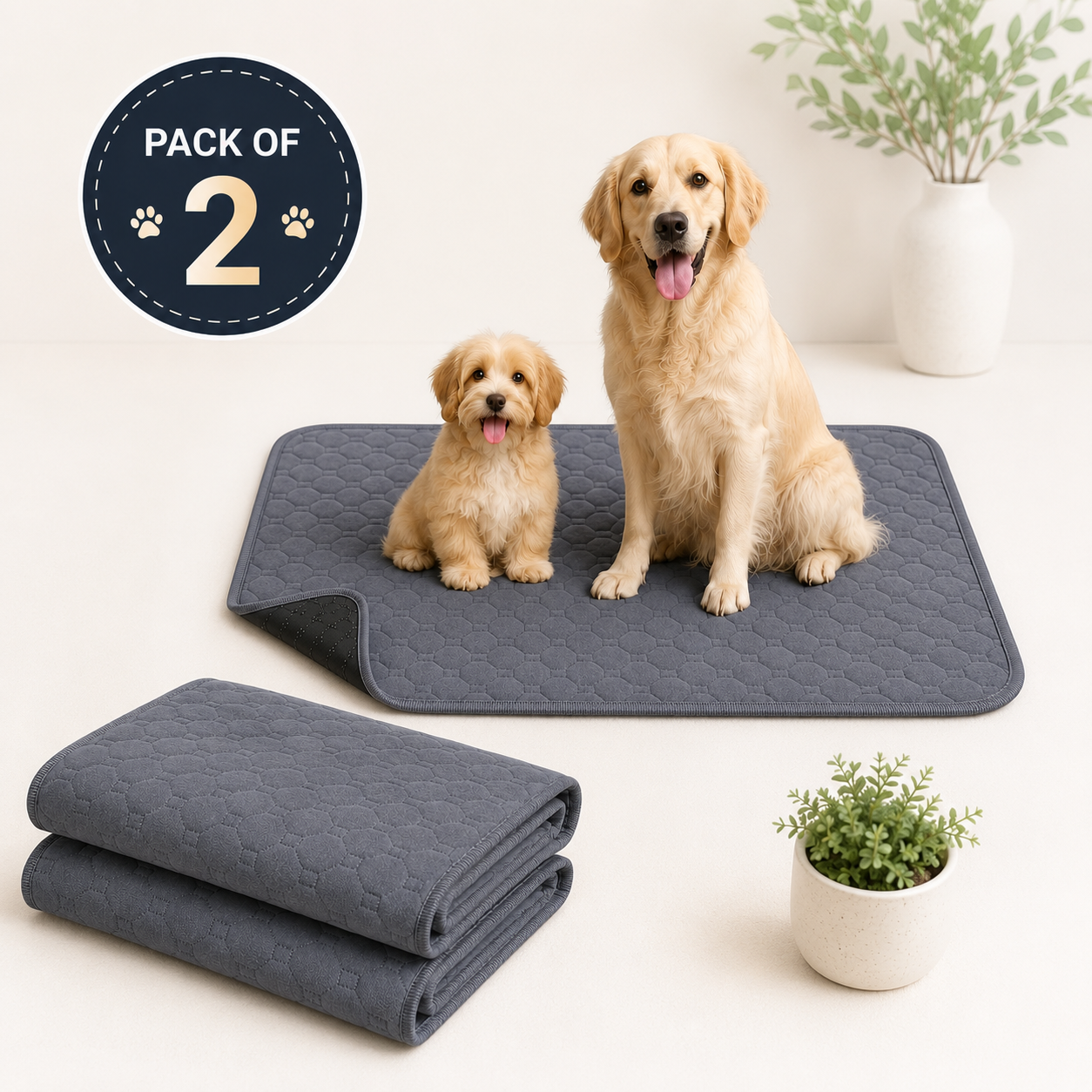 Reusable Pee Pads for Dogs (Pack of 2) | Machine Washable, Super Absorbent, Waterproof, Anti-Skid Bottom