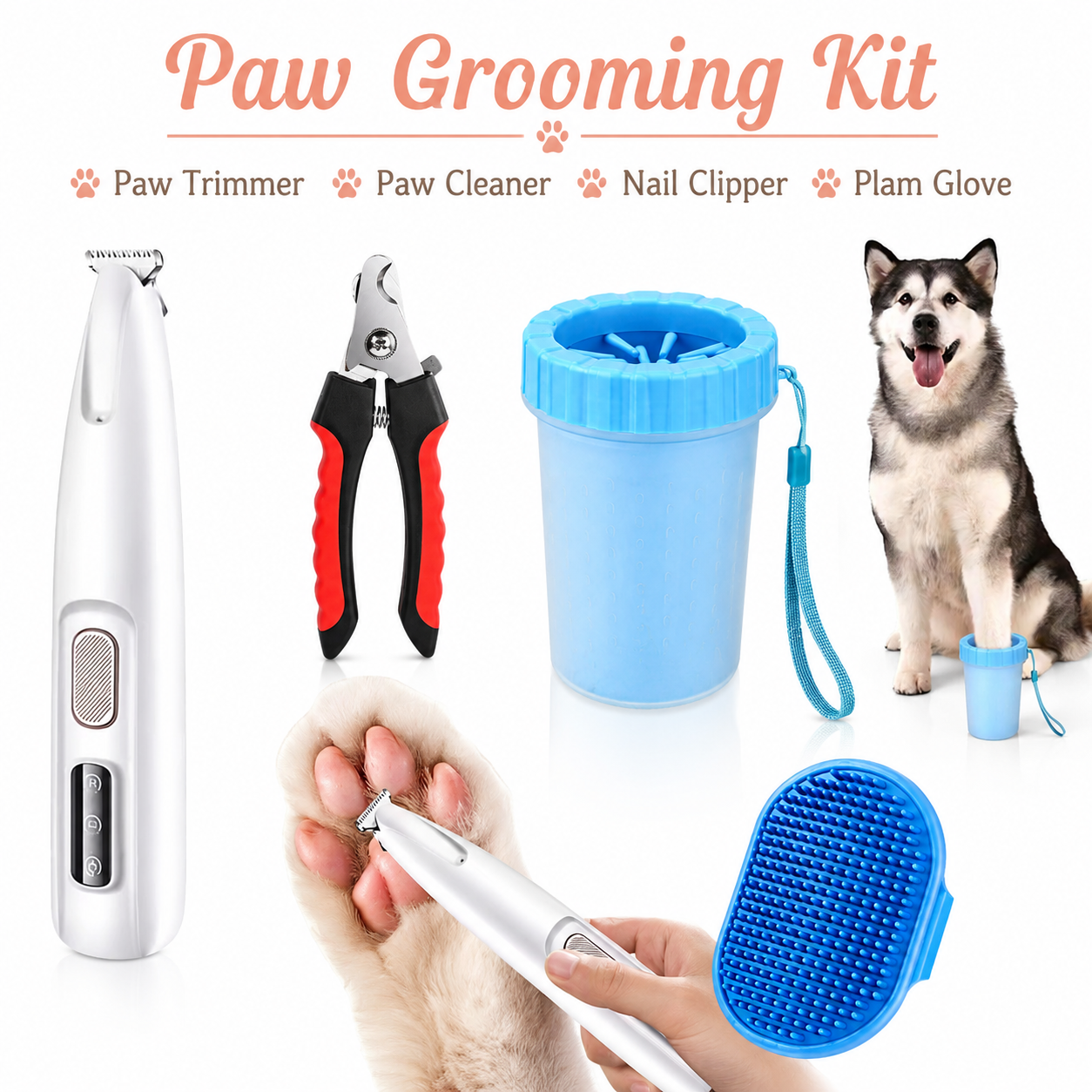 4 pcs Paw Grooming Kit for Pet – Paw Trimmer + Paw Cleaner + Nail Clipper + Plam Glove