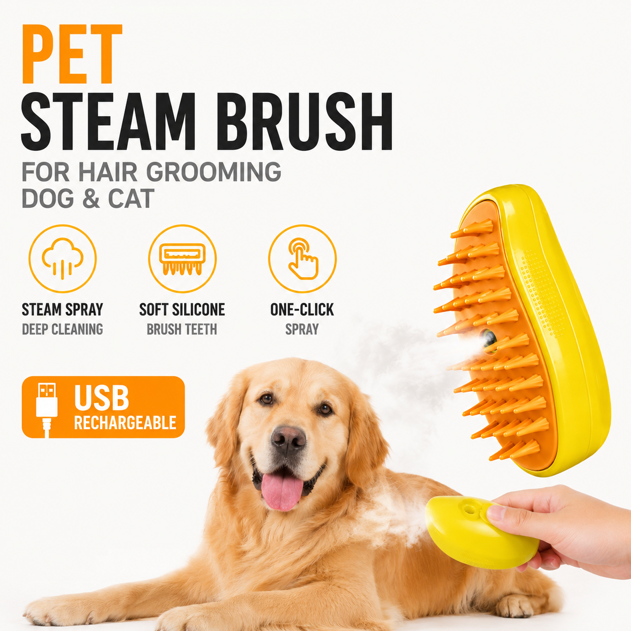 Steam Grooming Brush for Dogs & Cats | USB Rechargeable