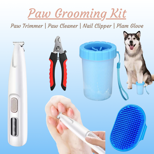 4 pcs Paw Grooming Kit for Pet – Paw Trimmer + Paw Cleaner + Nail Clipper + Plam Glove